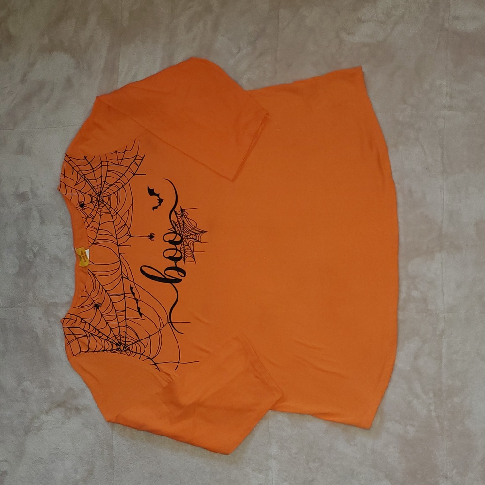 Ruby Rd. Orange Black Spider Web Halloween Boo Blouse Top Size 1X  3/4 Sleeve